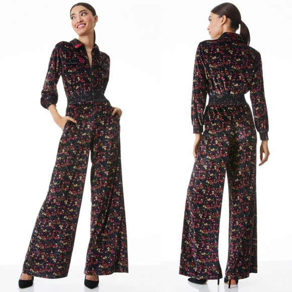 Alice + Olivia Danae Jumpsuit Velvet Floral Zipper Collar Pockets Wide Leg Boot - Picture 1 of 14